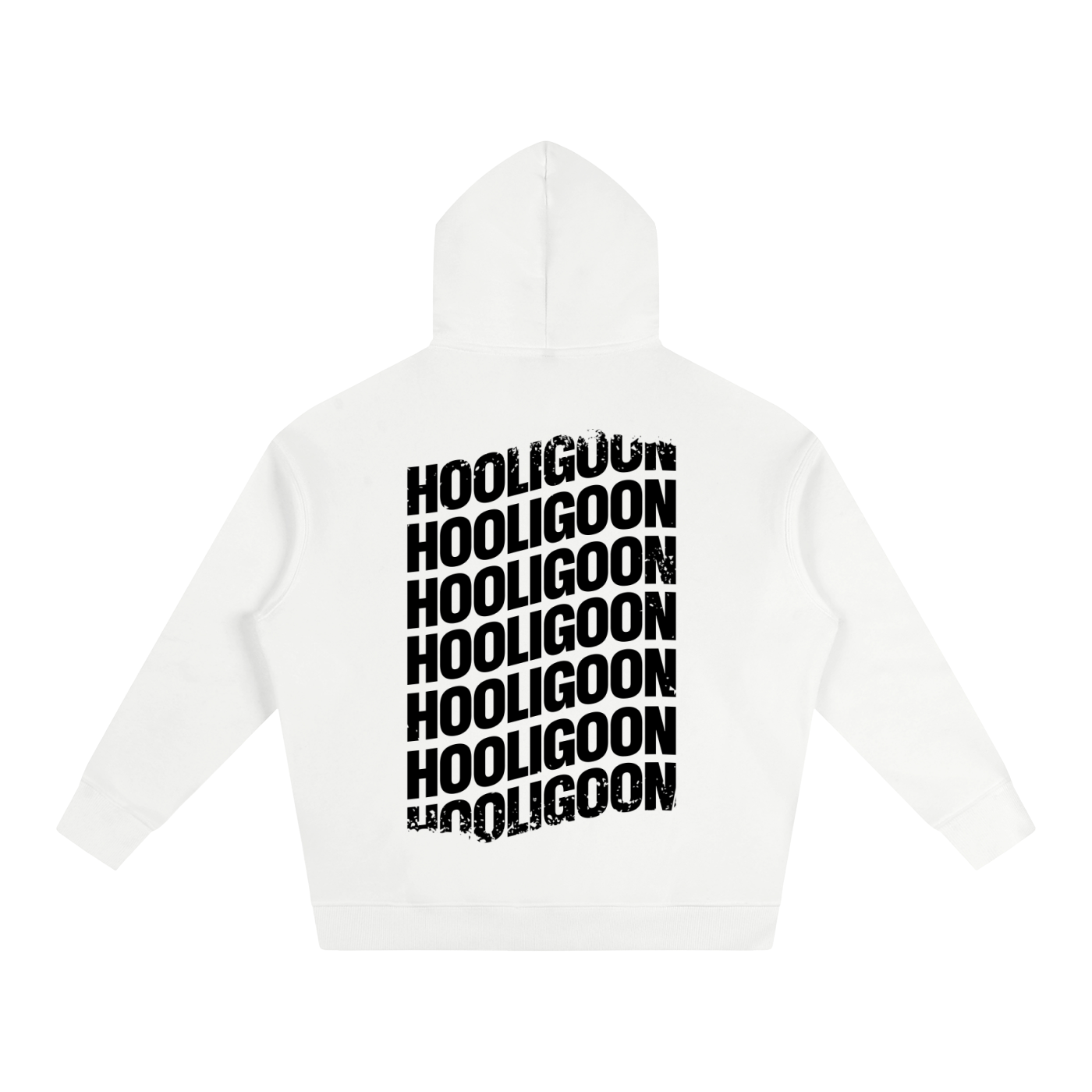 A white hooded sweatshirt shown from the back, featuring the word 'HOOLIGOON' repeated vertically in a bold black distressed font.