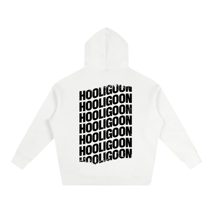 A white hooded sweatshirt shown from the back, featuring the word 'HOOLIGOON' repeated vertically in a bold black distressed font.