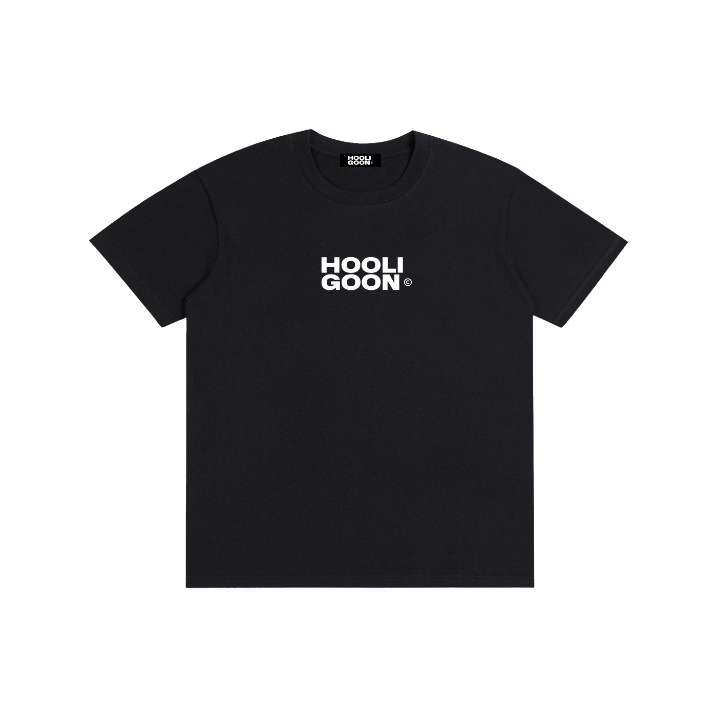 A black short-sleeve crewneck t-shirt with 'HOOLI GOON' printed in white block letters on the chest, displayed flat against a solid white background.