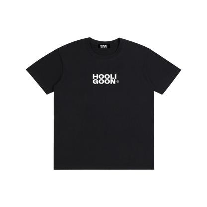 A black short-sleeve crewneck t-shirt with 'HOOLI GOON' printed in white block letters on the chest, displayed flat against a solid white background.